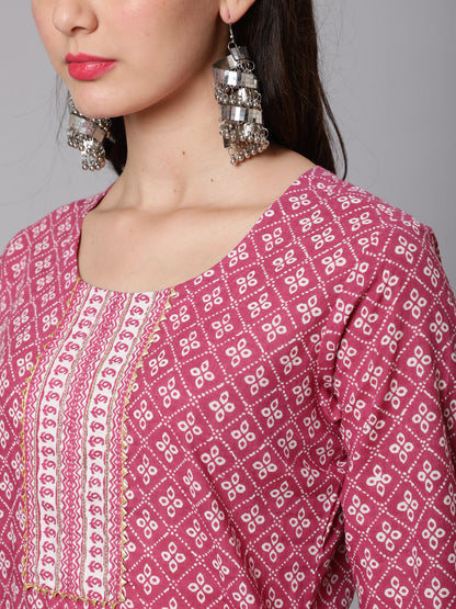 Printed Cotton Calf Length straight 3/4 Sleeve Round Neck Printed Kurta, Pants With Dupatta Set