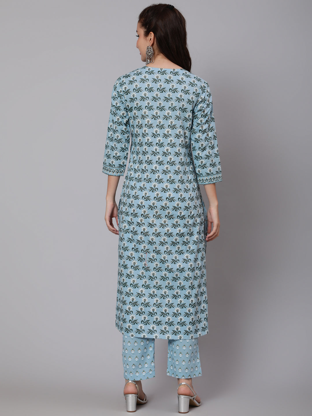 Printed Cotton Calf Length straight 3/4 Sleeve Round Neck Printed Kurta, Pants Set