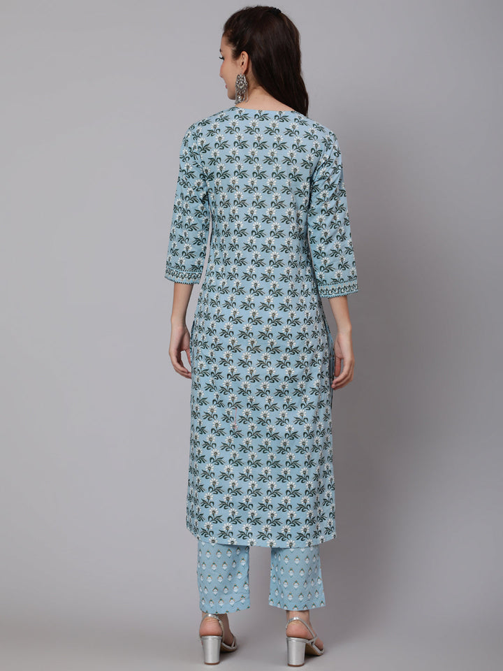 Printed Cotton Calf Length straight 3/4 Sleeve Round Neck Printed Kurta, Pants Set