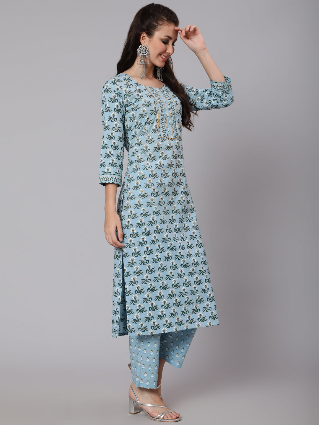 Printed Cotton Calf Length straight 3/4 Sleeve Round Neck Printed Kurta, Pants Set