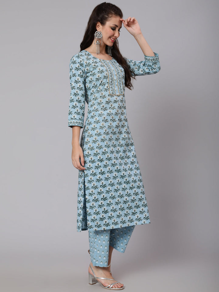 Printed Cotton Calf Length straight 3/4 Sleeve Round Neck Printed Kurta, Pants Set