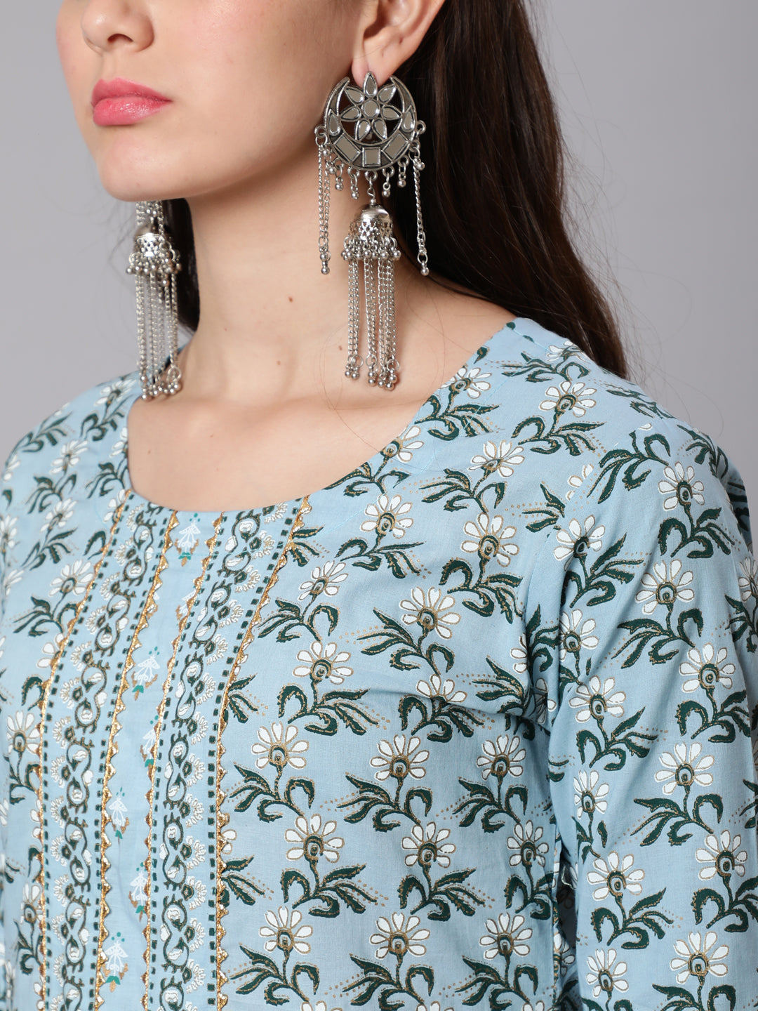 Printed Cotton Calf Length straight 3/4 Sleeve Round Neck Printed Kurta, Pants Set