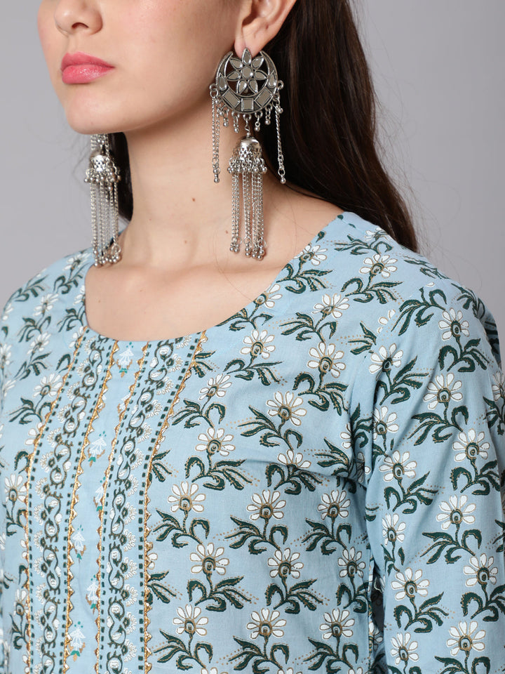 Printed Cotton Calf Length straight 3/4 Sleeve Round Neck Printed Kurta, Pants Set
