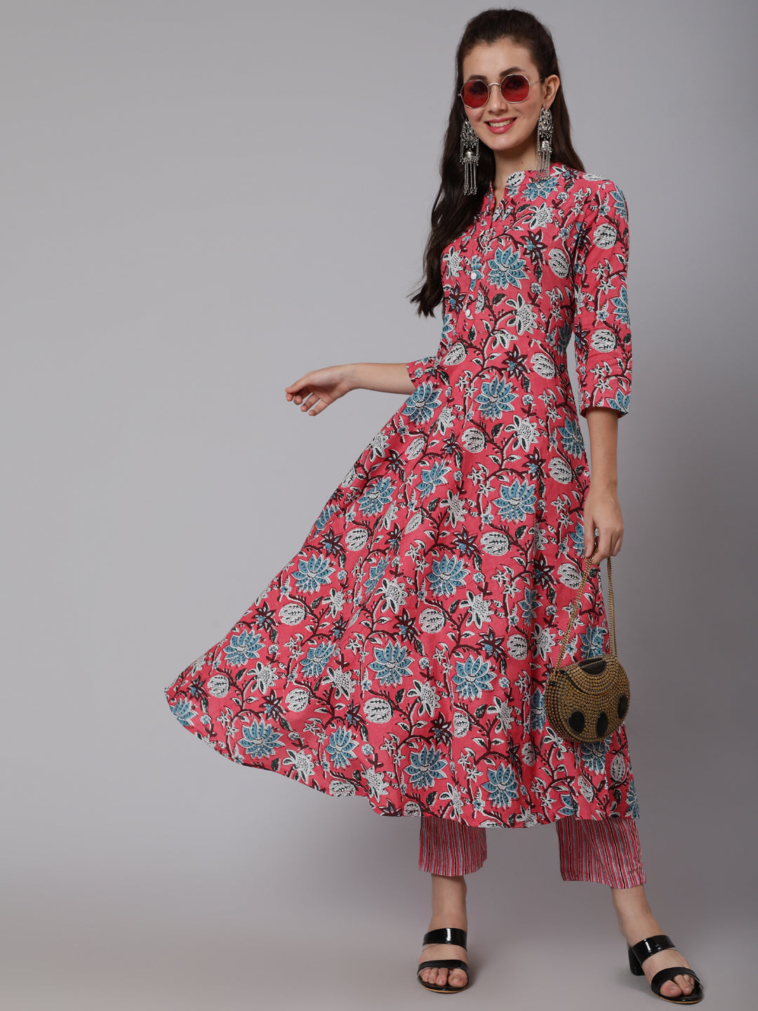 Printed Cotton Calf Length straight 3/4 Sleeve Round Neck Printed Kurta, Pants Set