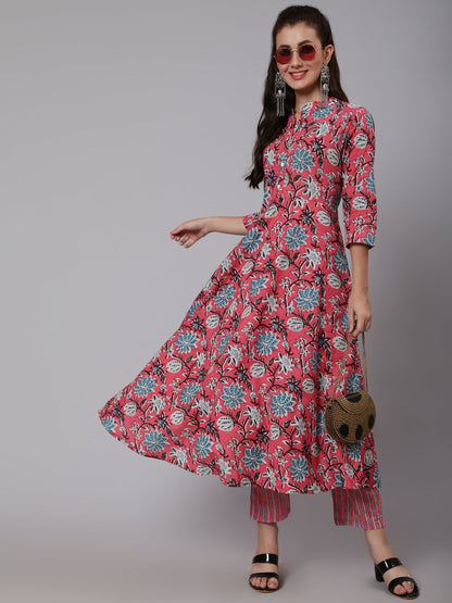 Printed Cotton Calf Length straight 3/4 Sleeve Round Neck Printed Kurta, Pants Set