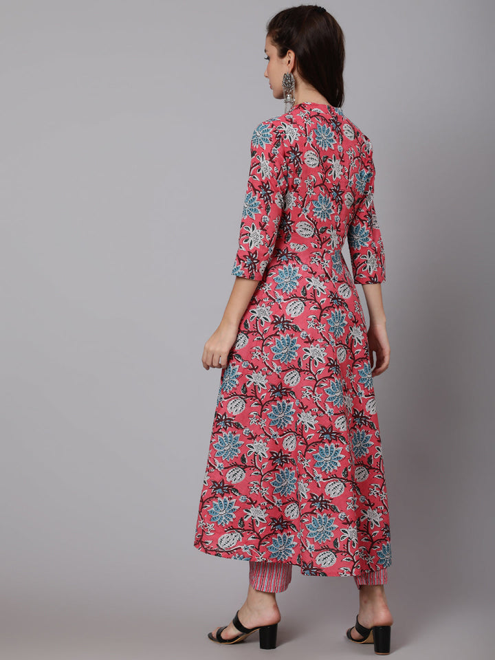 Printed Cotton Calf Length straight 3/4 Sleeve Round Neck Printed Kurta, Pants Set