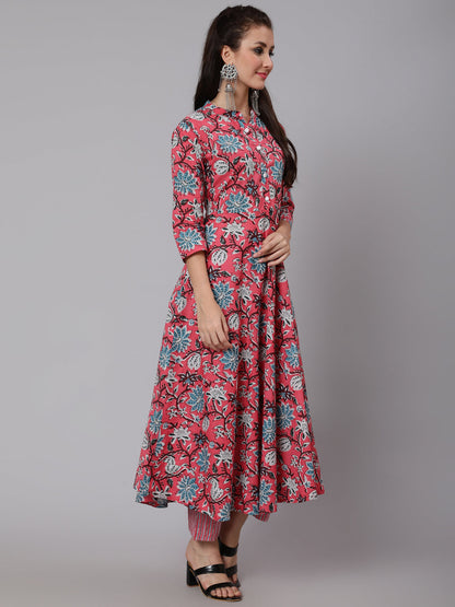 Printed Cotton Calf Length straight 3/4 Sleeve Round Neck Printed Kurta, Pants Set