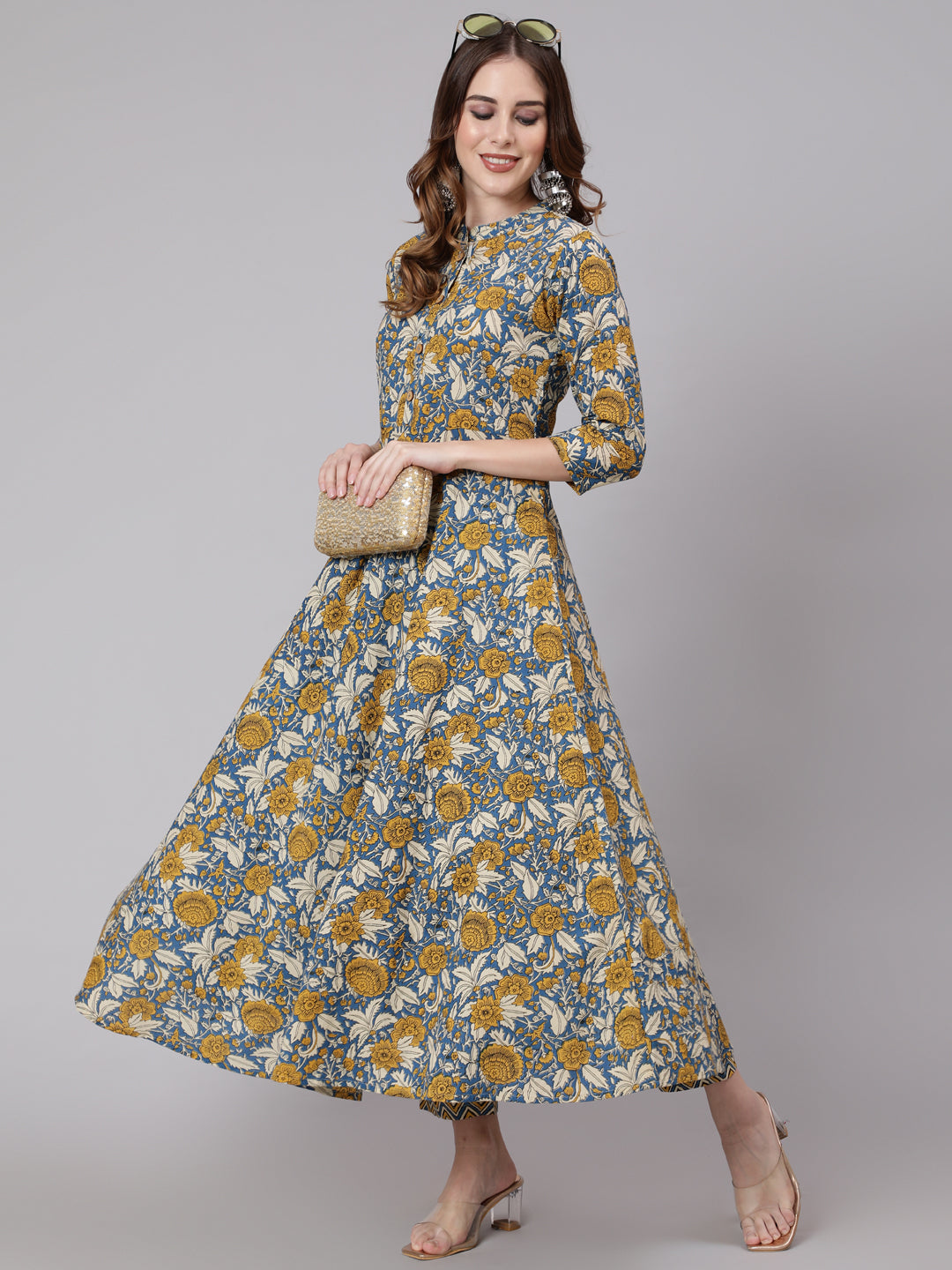 Cotton Calf Length Anarkali 3/4 Sleeve Mandarin Neck Printed Kurta, Pants
