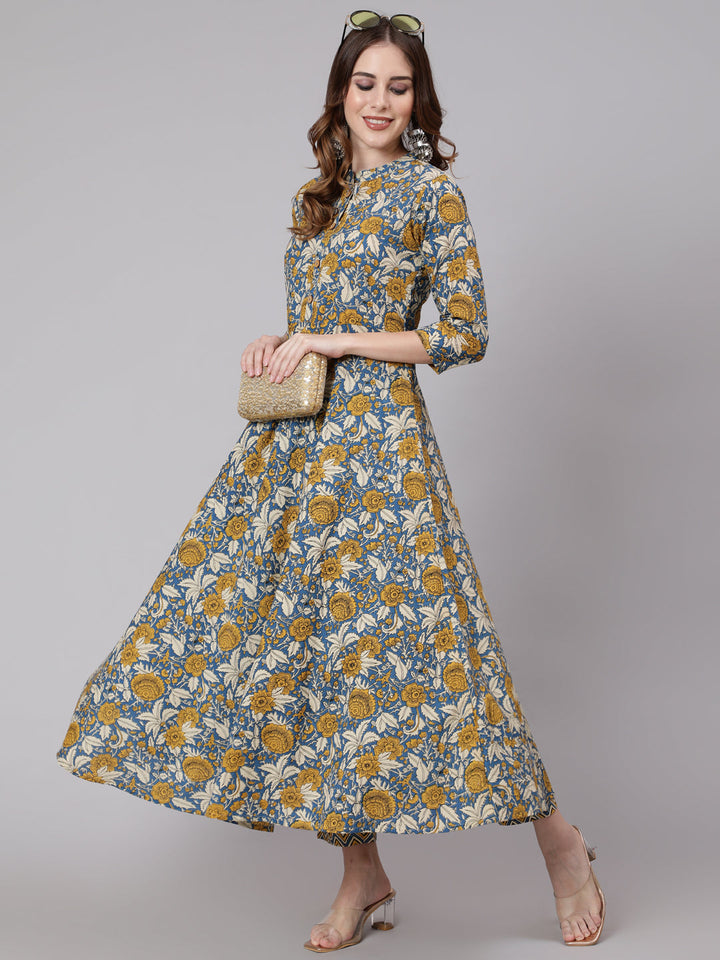 Cotton Calf Length Anarkali 3/4 Sleeve Mandarin Neck Printed Kurta, Pants