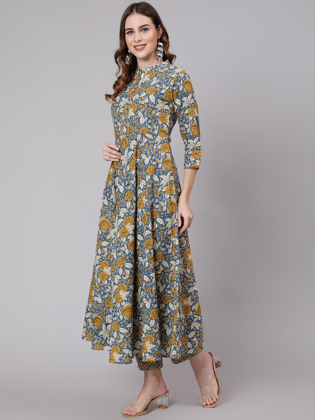 Cotton Calf Length Anarkali 3/4 Sleeve Mandarin Neck Printed Kurta, Pants