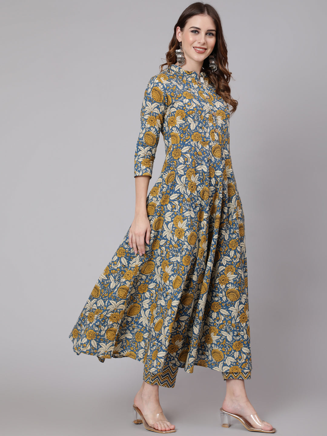 Cotton Calf Length Anarkali 3/4 Sleeve Mandarin Neck Printed Kurta, Pants