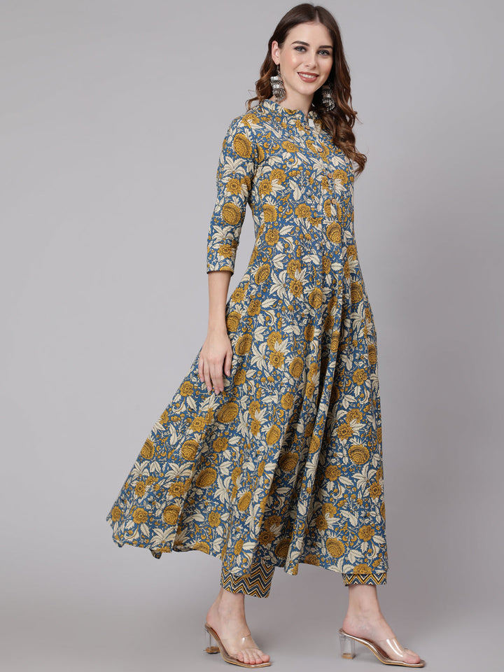 Cotton Calf Length Anarkali 3/4 Sleeve Mandarin Neck Printed Kurta, Pants