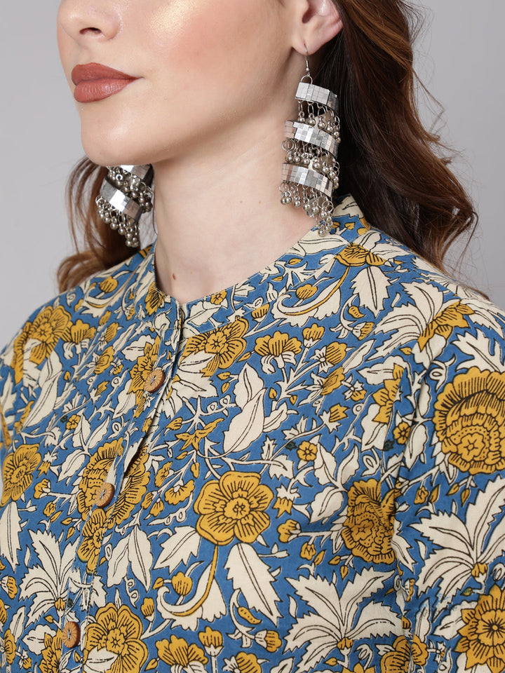 Cotton Calf Length Anarkali 3/4 Sleeve Mandarin Neck Printed Kurta, Pants