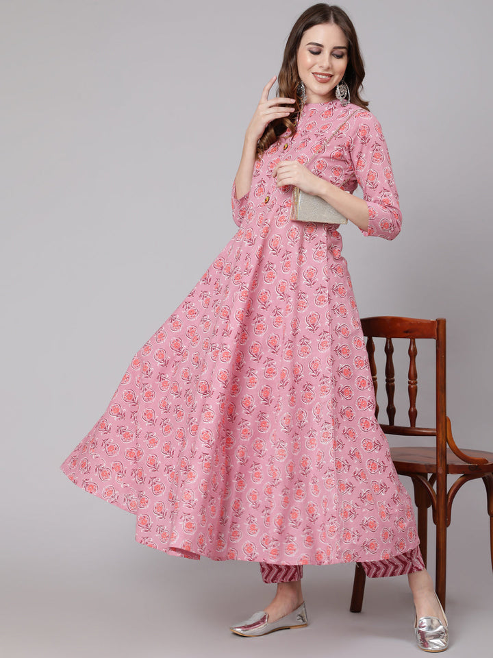 Cotton Calf Length Anarkali 3/4 Sleeve Mandarin Neck Printed Kurta, Pants