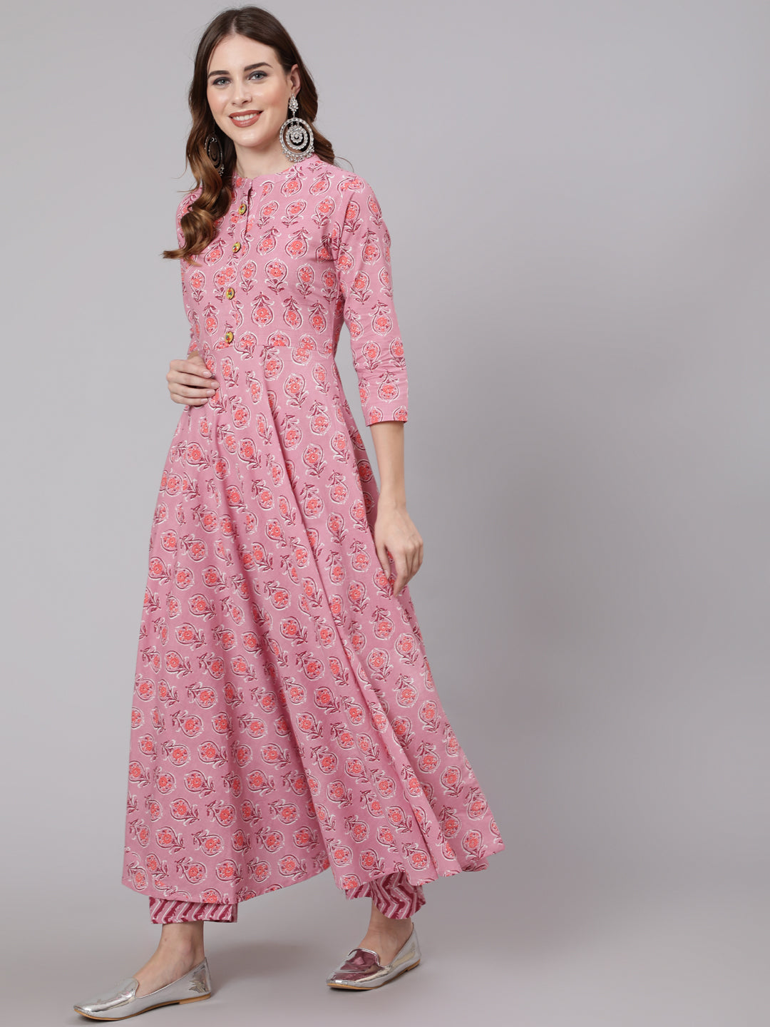 Cotton Calf Length Anarkali 3/4 Sleeve Mandarin Neck Printed Kurta, Pants