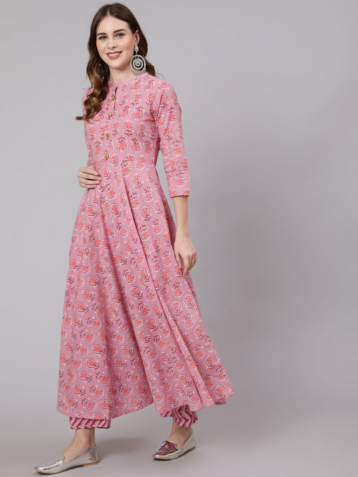 Cotton Calf Length Anarkali 3/4 Sleeve Mandarin Neck Printed Kurta, Pants