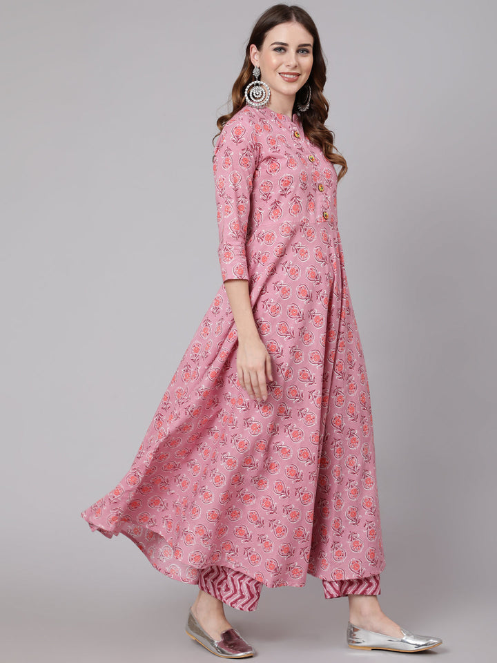 Cotton Calf Length Anarkali 3/4 Sleeve Mandarin Neck Printed Kurta, Pants