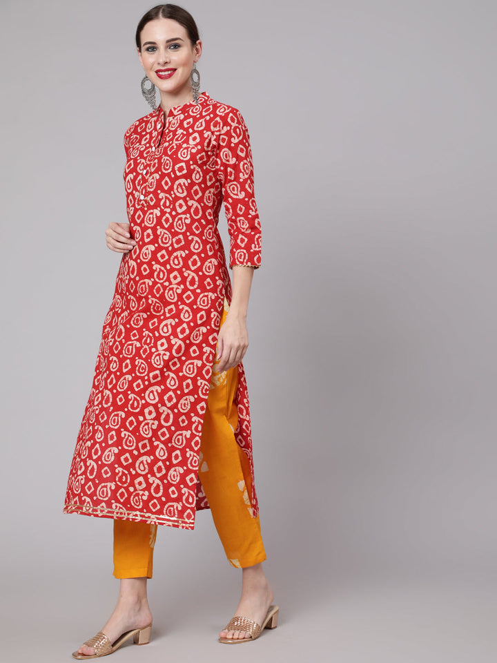 Cotton Calf Length Straight 3/4 Sleeve Round Neck Printed Kurta, Pants &amp; Cotton Dupatta