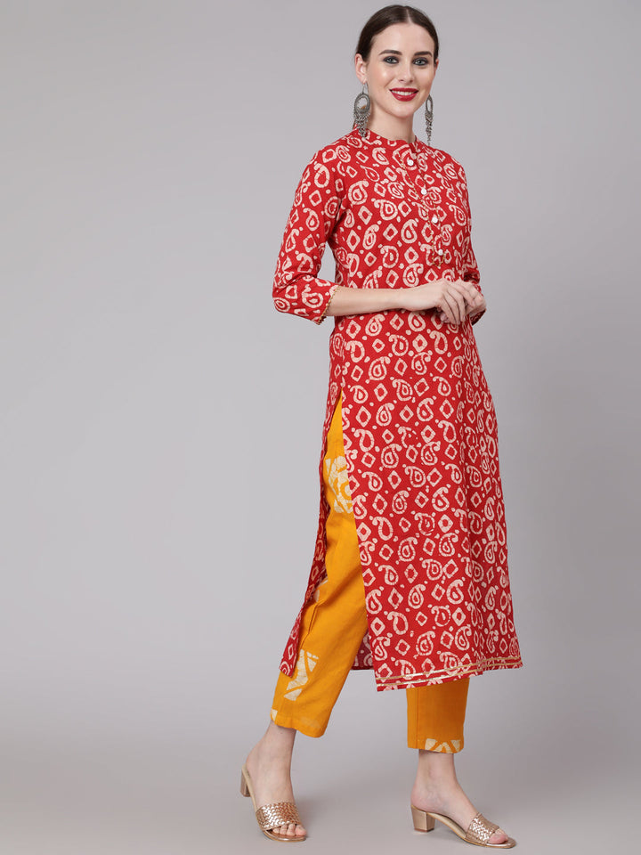 Cotton Calf Length Straight 3/4 Sleeve Round Neck Printed Kurta, Pants &amp; Cotton Dupatta