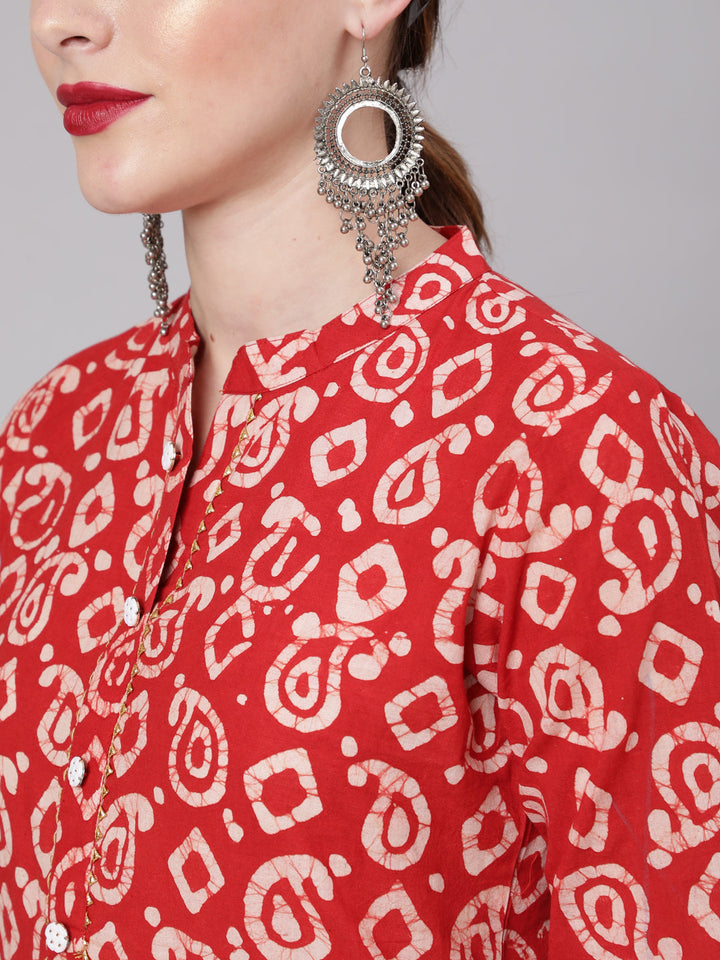 Cotton Calf Length Straight 3/4 Sleeve Round Neck Printed Kurta, Pants &amp; Cotton Dupatta