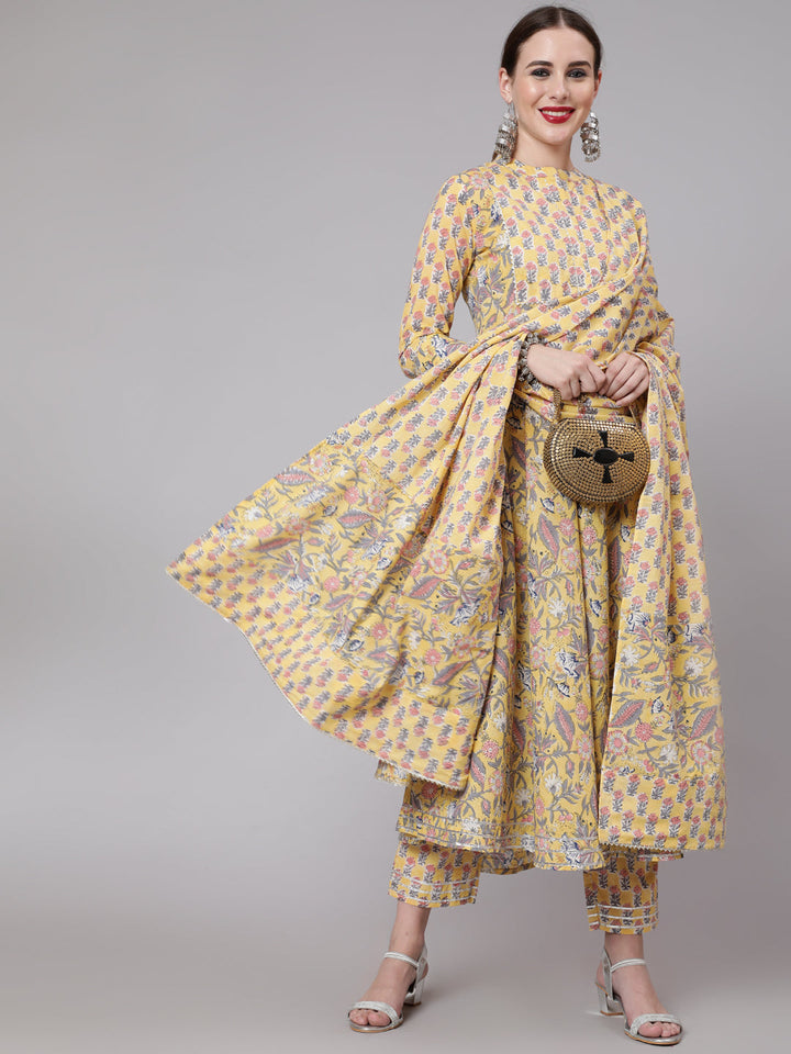 Cotton Calf Length Anarkali 3/4 Sleeve Mandarin Neck Printed Kurta, Pants &amp; Cotton Dupatta