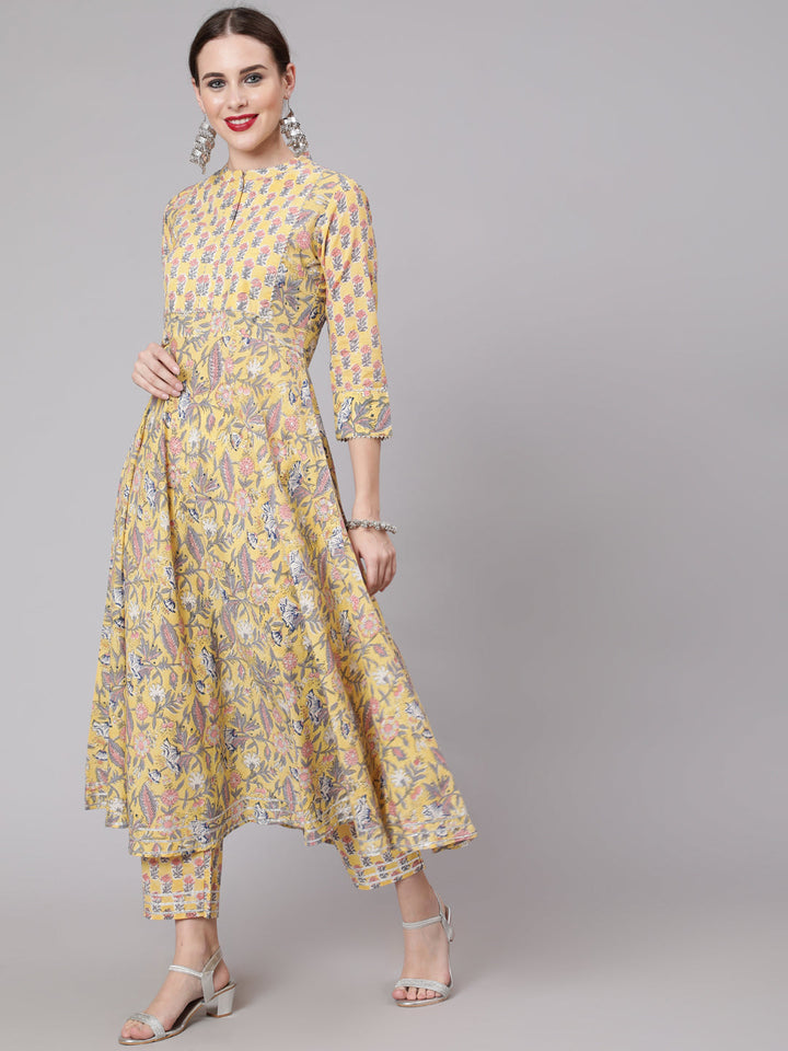 Cotton Calf Length Anarkali 3/4 Sleeve Mandarin Neck Printed Kurta, Pants &amp; Cotton Dupatta