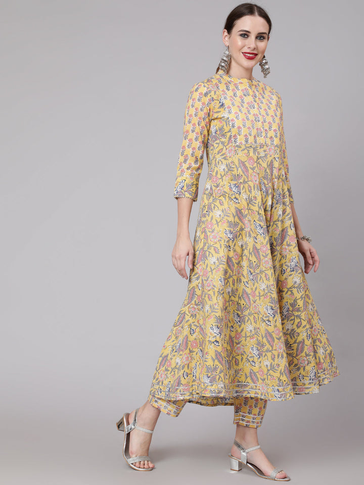 Cotton Calf Length Anarkali 3/4 Sleeve Mandarin Neck Printed Kurta, Pants &amp; Cotton Dupatta