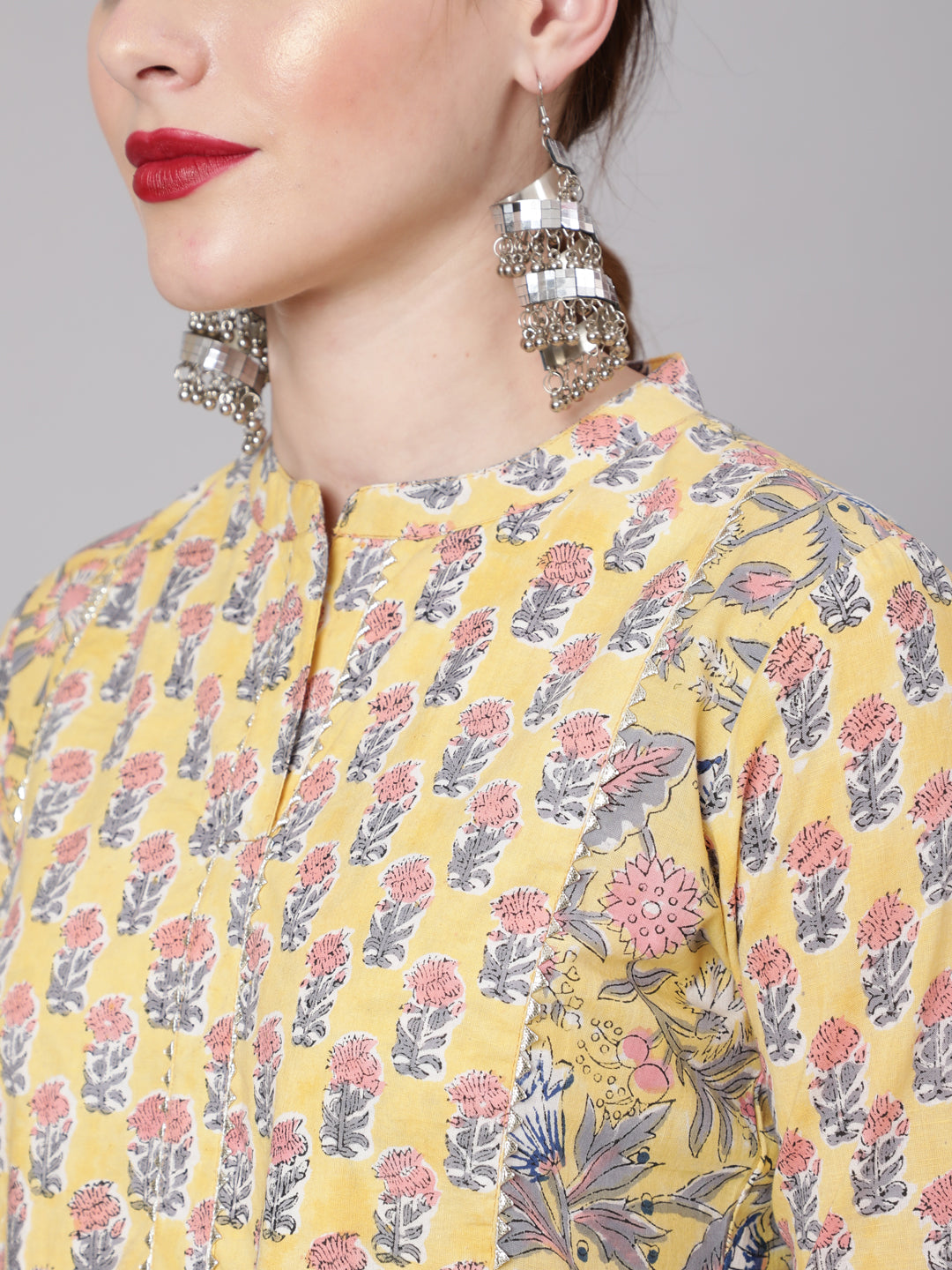 Cotton Calf Length Anarkali 3/4 Sleeve Mandarin Neck Printed Kurta, Pants &amp; Cotton Dupatta