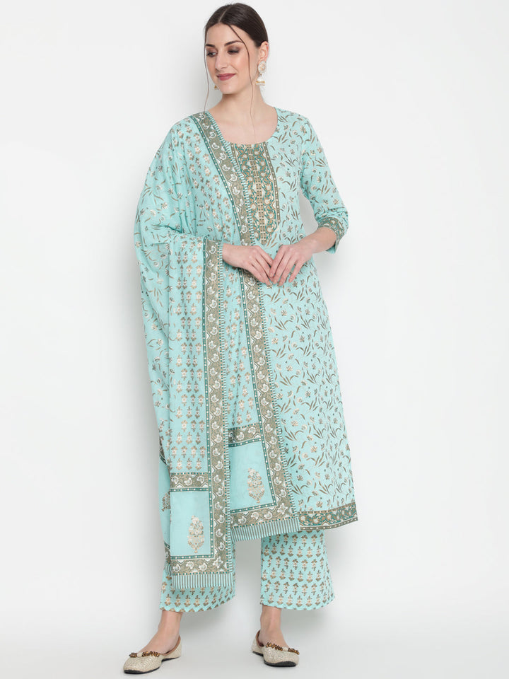 Cotton Black Calf Length Straight 3/4 Sleeve Round Neck Printed Kurta, Palazzo &amp; Cotton Dupatta
