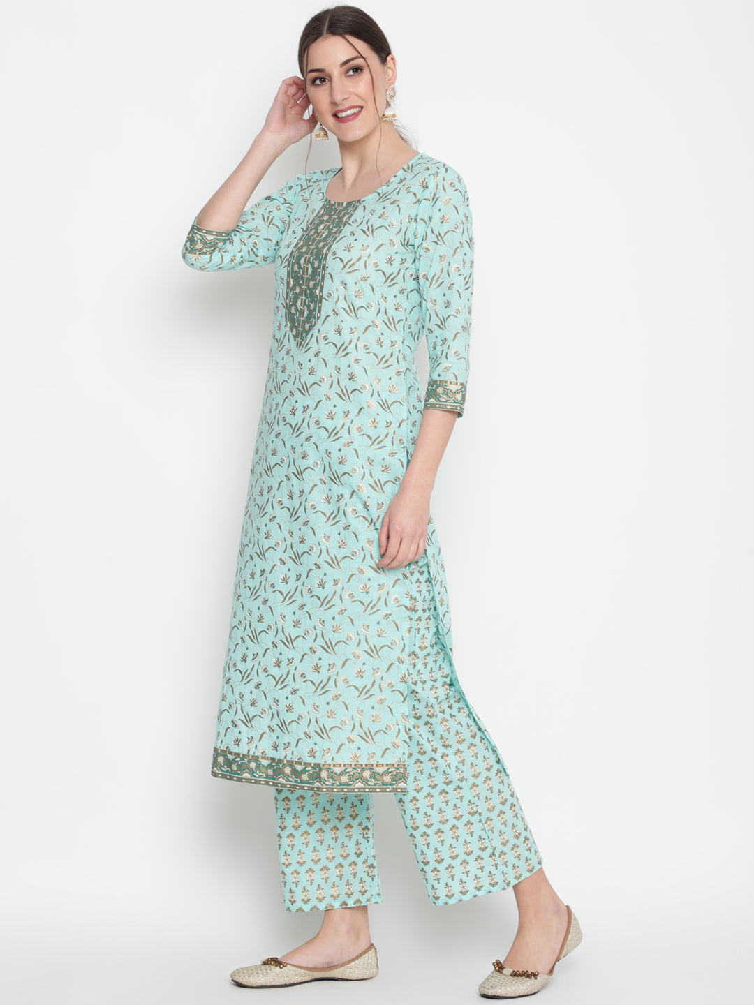Cotton Black Calf Length Straight 3/4 Sleeve Round Neck Printed Kurta, Palazzo &amp; Cotton Dupatta