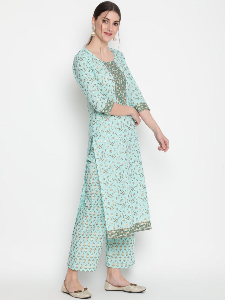 Cotton Black Calf Length Straight 3/4 Sleeve Round Neck Printed Kurta, Palazzo &amp; Cotton Dupatta