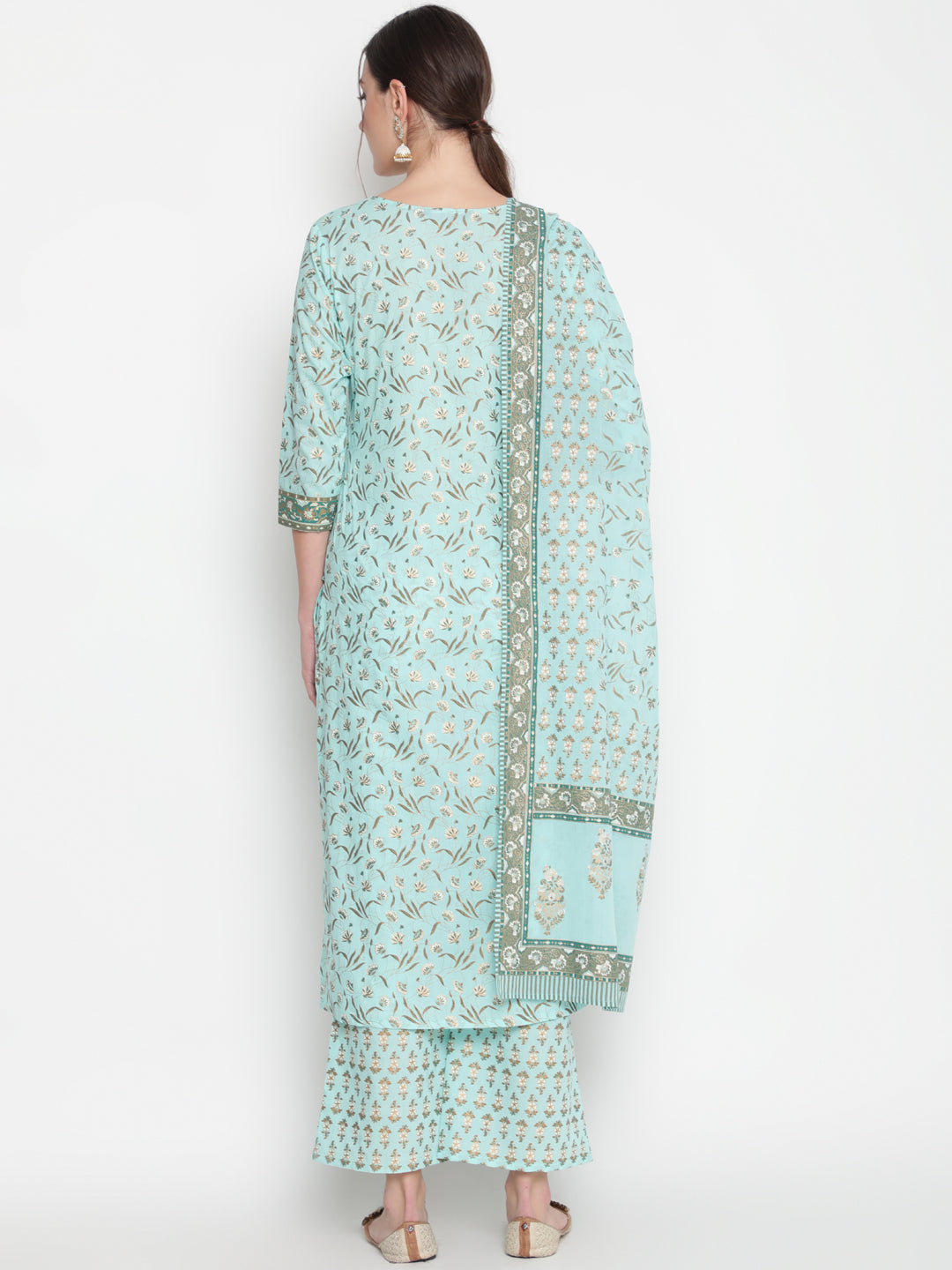 Cotton Black Calf Length Straight 3/4 Sleeve Round Neck Printed Kurta, Palazzo &amp; Cotton Dupatta