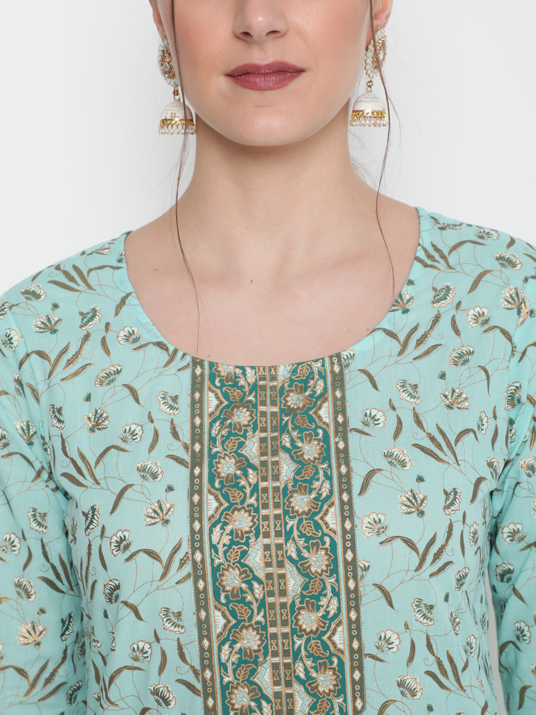 Cotton Black Calf Length Straight 3/4 Sleeve Round Neck Printed Kurta, Palazzo &amp; Cotton Dupatta