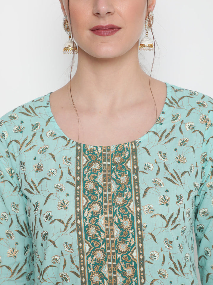 Cotton Black Calf Length Straight 3/4 Sleeve Round Neck Printed Kurta, Palazzo &amp; Cotton Dupatta