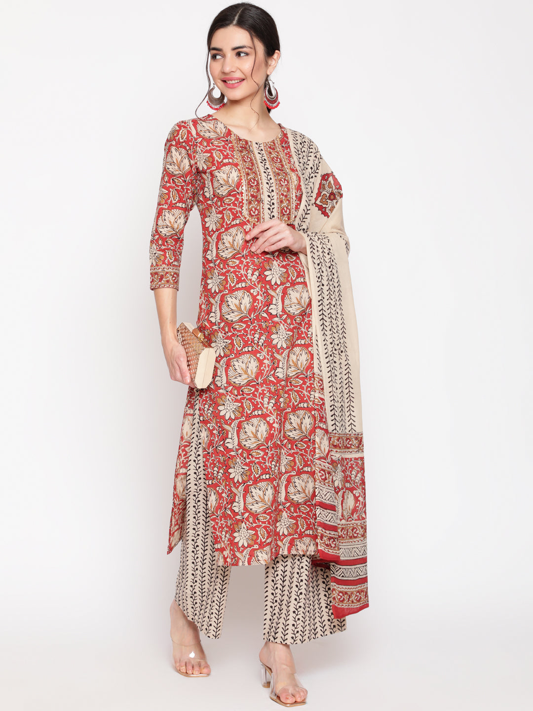 Cotton Red Calf Length Straight 3/4 Sleeve Round Neck Printed Kurta, Palazzo &amp; Cotton Dupatta