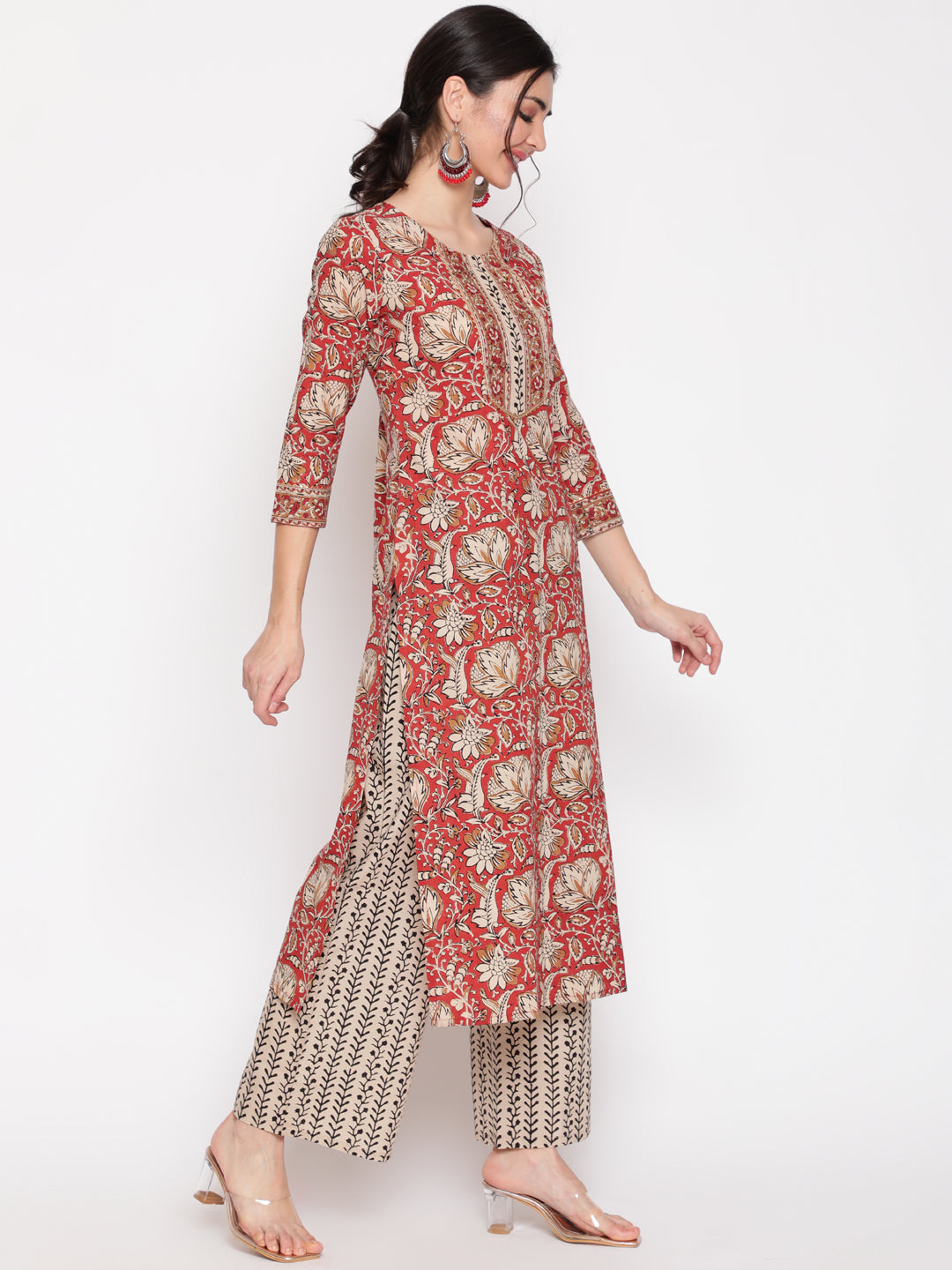 Cotton Red Calf Length Straight 3/4 Sleeve Round Neck Printed Kurta, Palazzo &amp; Cotton Dupatta