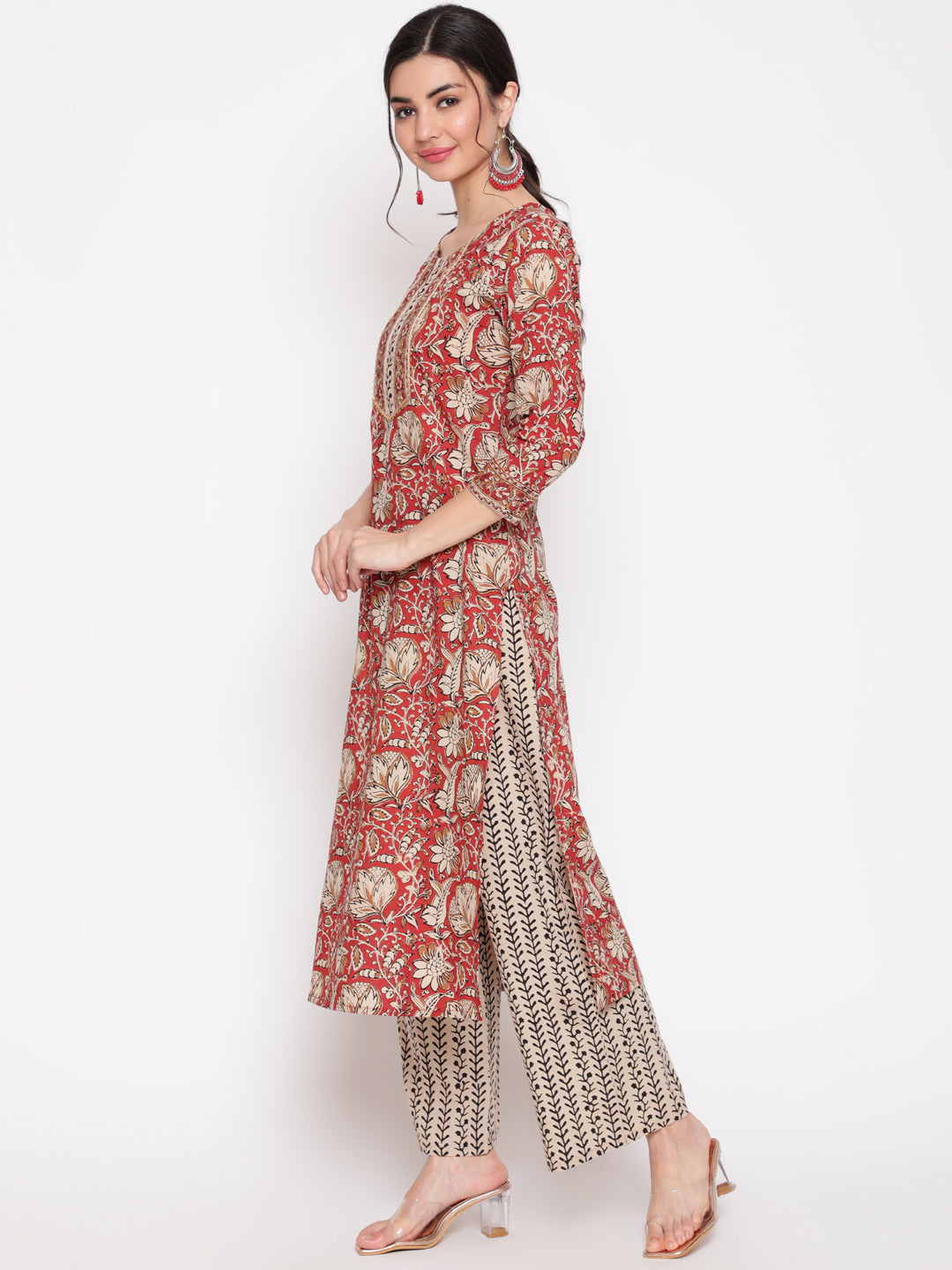 Cotton Red Calf Length Straight 3/4 Sleeve Round Neck Printed Kurta, Palazzo &amp; Cotton Dupatta