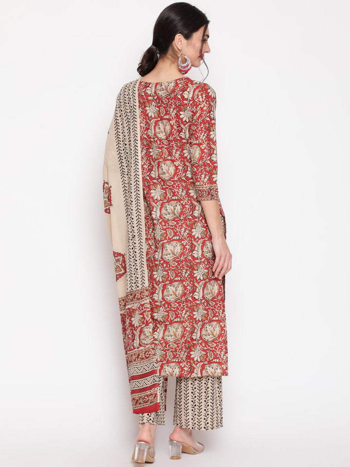 Cotton Red Calf Length Straight 3/4 Sleeve Round Neck Printed Kurta, Palazzo &amp; Cotton Dupatta