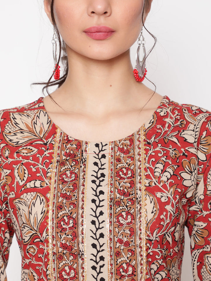 Cotton Red Calf Length Straight 3/4 Sleeve Round Neck Printed Kurta, Palazzo &amp; Cotton Dupatta