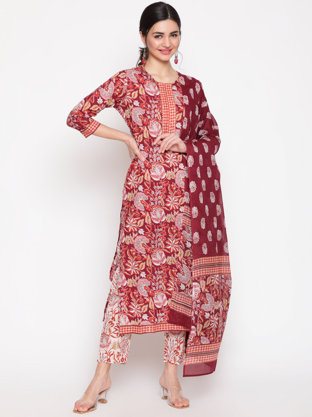 Cotton Wine Calf Length Straight 3/4 Sleeve Round Neck Printed Kurta, Pants &amp; Cotton Dupatta