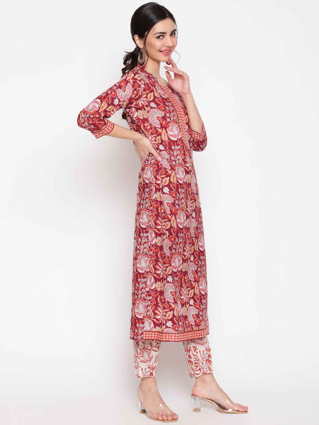 Cotton Wine Calf Length Straight 3/4 Sleeve Round Neck Printed Kurta, Pants &amp; Cotton Dupatta