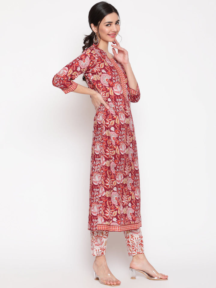 Cotton Wine Calf Length Straight 3/4 Sleeve Round Neck Printed Kurta, Pants &amp; Cotton Dupatta