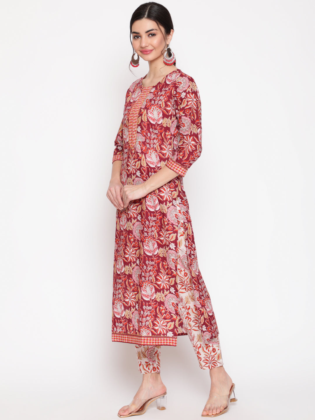 Cotton Wine Calf Length Straight 3/4 Sleeve Round Neck Printed Kurta, Pants &amp; Cotton Dupatta