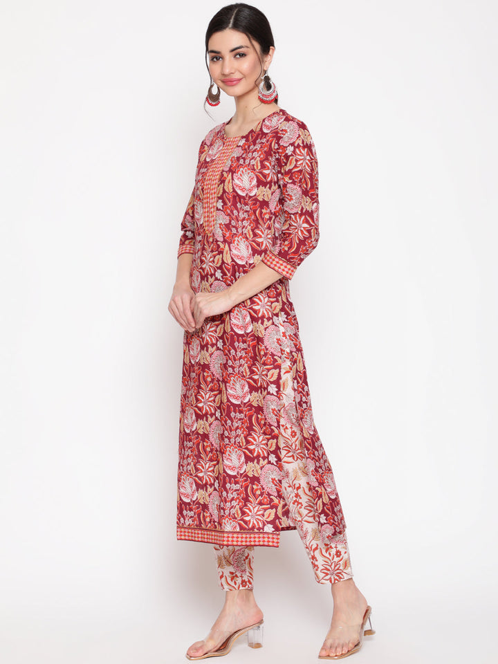 Cotton Wine Calf Length Straight 3/4 Sleeve Round Neck Printed Kurta, Pants &amp; Cotton Dupatta
