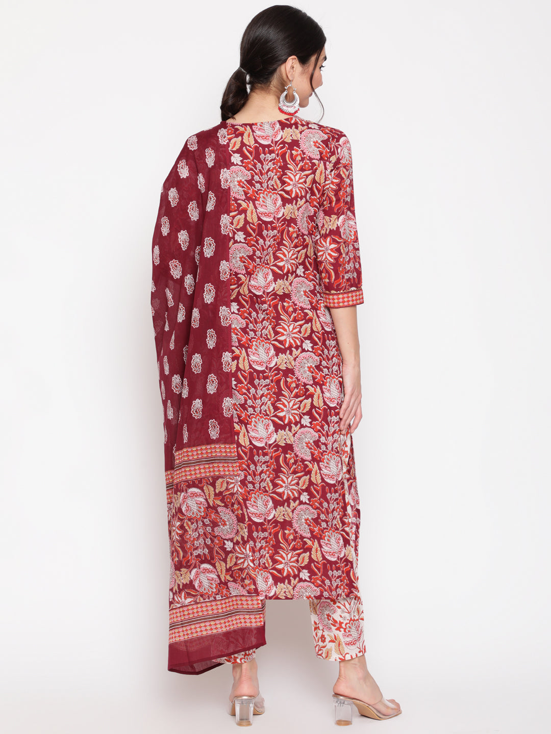 Cotton Wine Calf Length Straight 3/4 Sleeve Round Neck Printed Kurta, Pants &amp; Cotton Dupatta