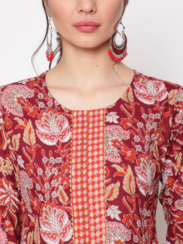 Cotton Wine Calf Length Straight 3/4 Sleeve Round Neck Printed Kurta, Pants &amp; Cotton Dupatta
