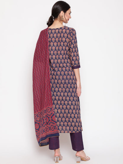 Cotton Blue Calf Length Straight 3/4 Sleeve Round Neck Printed Kurta, Pants & Cotton Dupatta