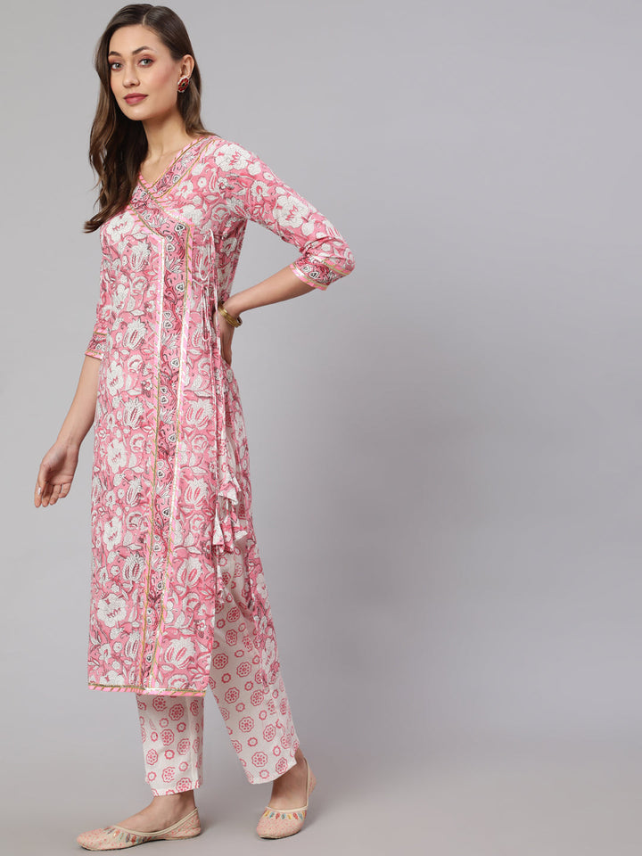 Cotton Printed Calf Length Straight V Neck Kurta, Pants With Dupatta Set