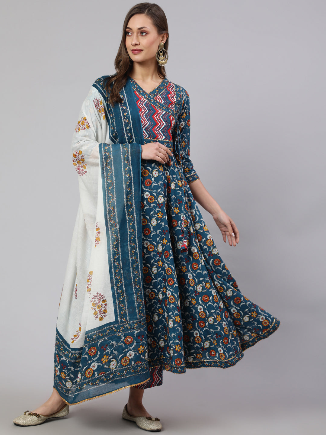Cotton Printed Ankle Length Flared 3/4 Sleeve V Neck Kurta, Pants With Dupatta Set