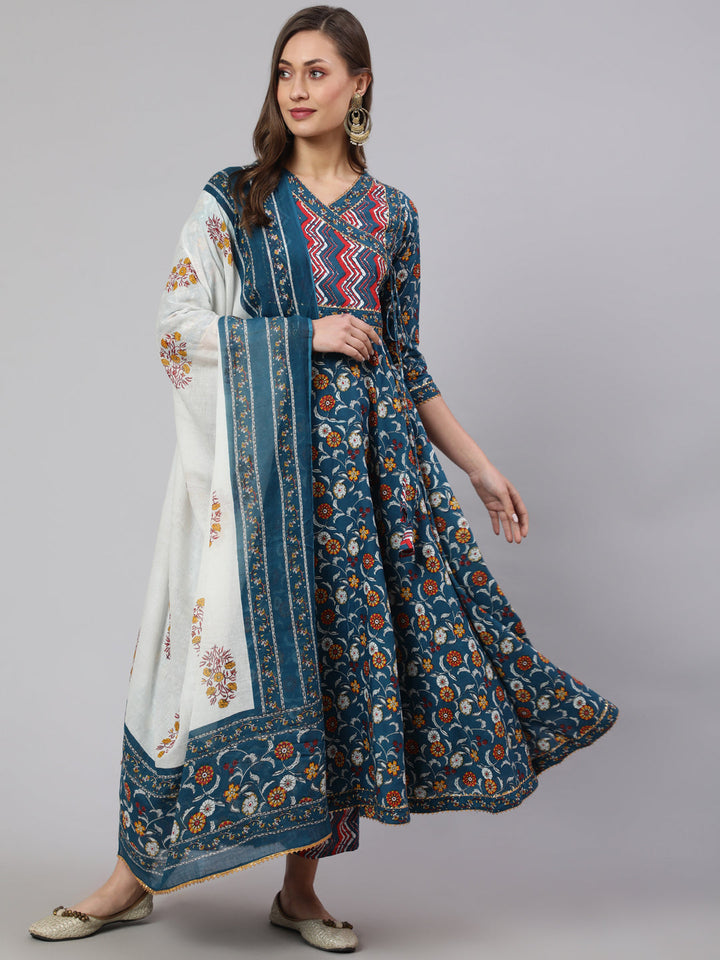 Cotton Printed Ankle Length Flared 3/4 Sleeve V Neck Kurta, Pants With Dupatta Set
